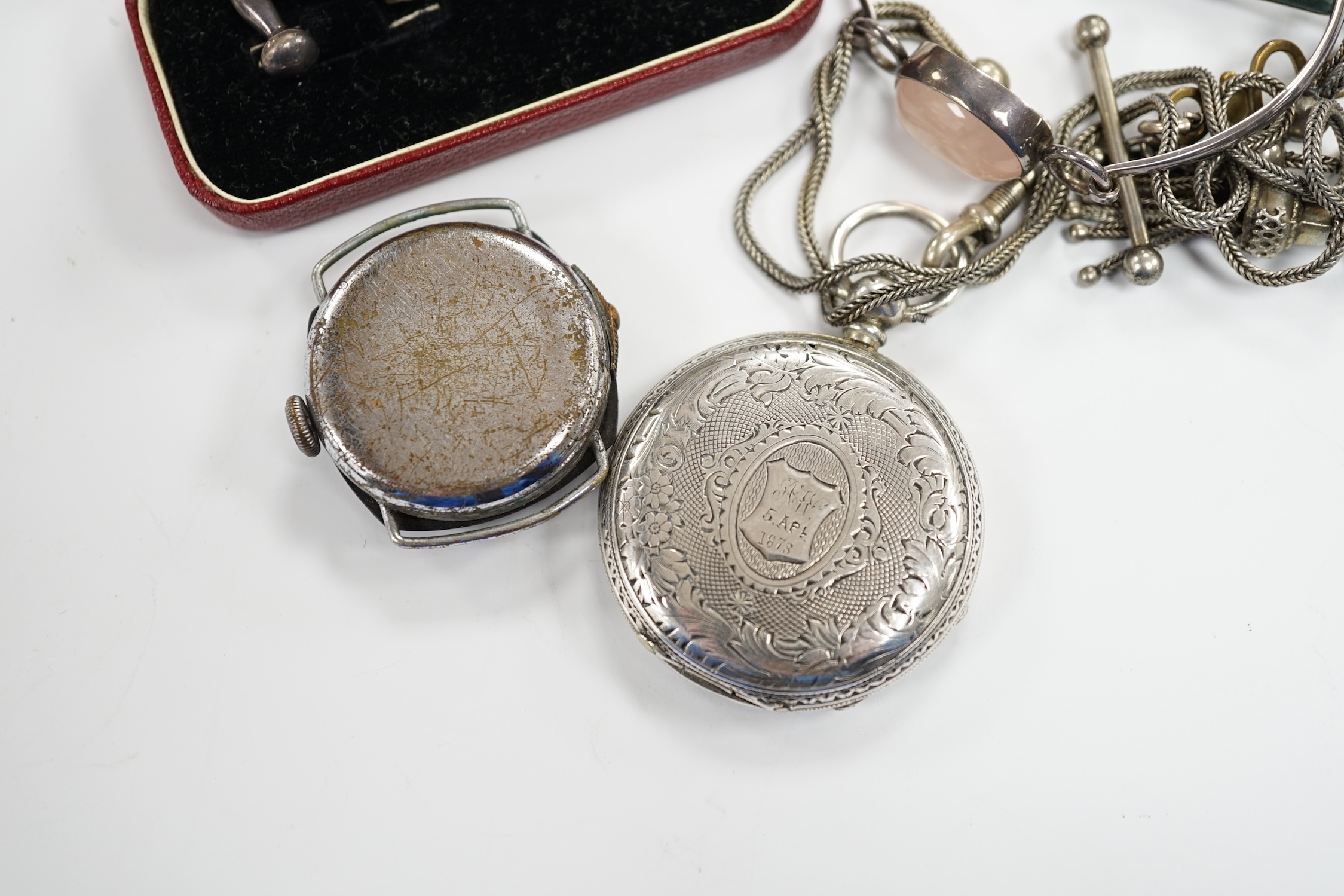 A pair of 925 and tiger's eye quartz set cufflinks, a silver and Scottish hardstone set brooch, a Scottish silver and rose quartz set bangle, a white metal fob watch and albertina and a base metal wrist watch.